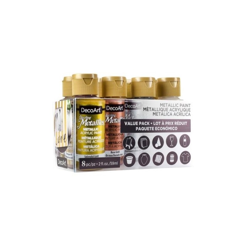 Pack of 8 DecoArt acrylic metallic dazzling paints 59ml/pc